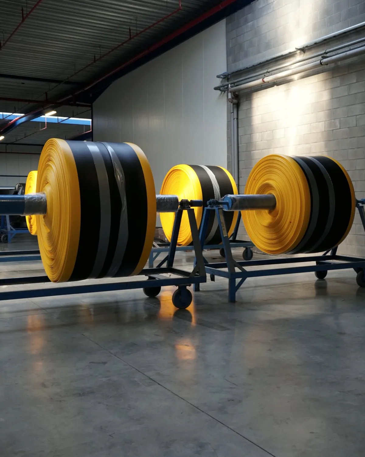 Three large rolls of black and yellow industrial matting on trolleys in the factory